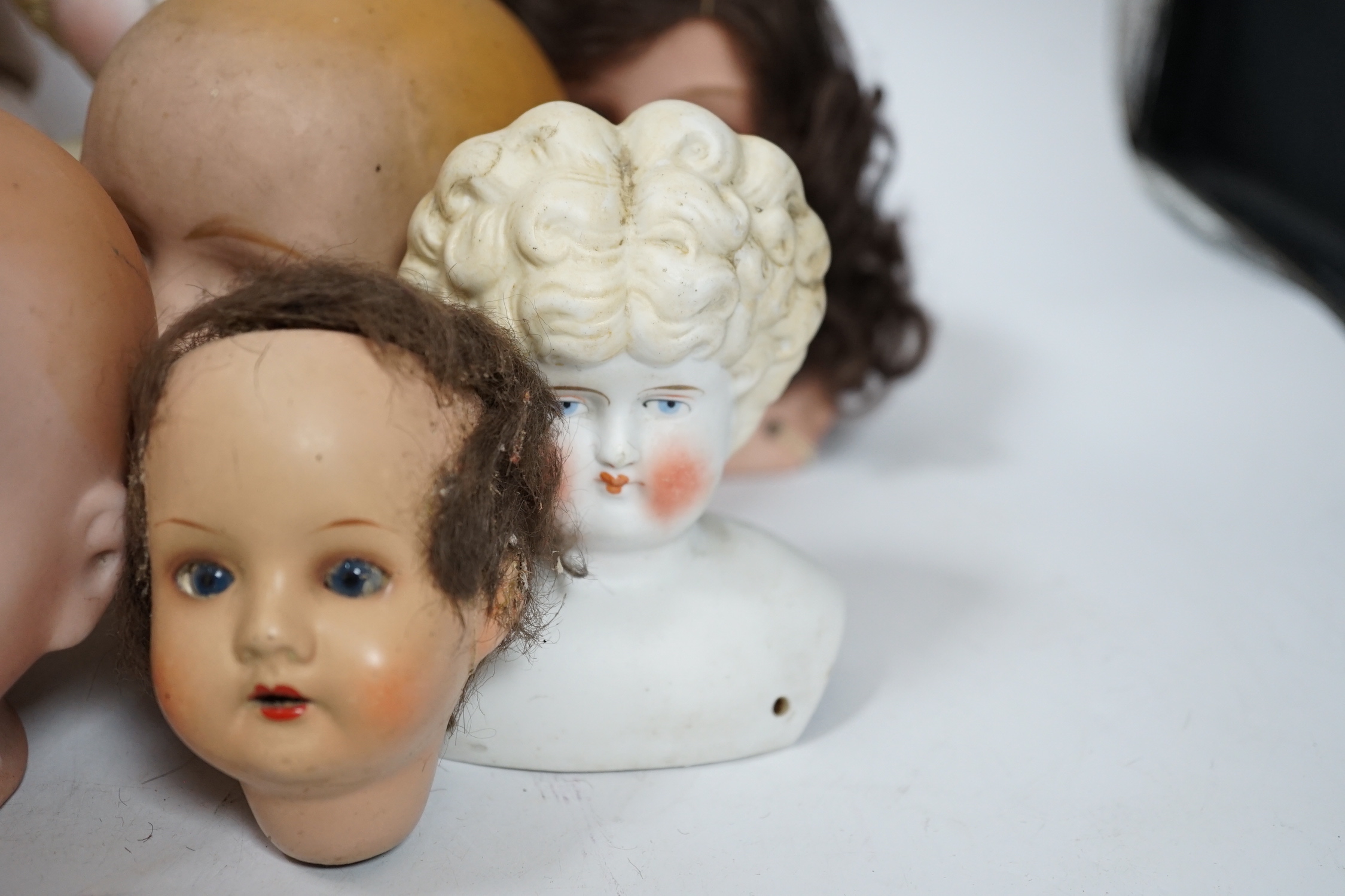 Ten bisque doll's heads and a reproduction Jules Steiner doll